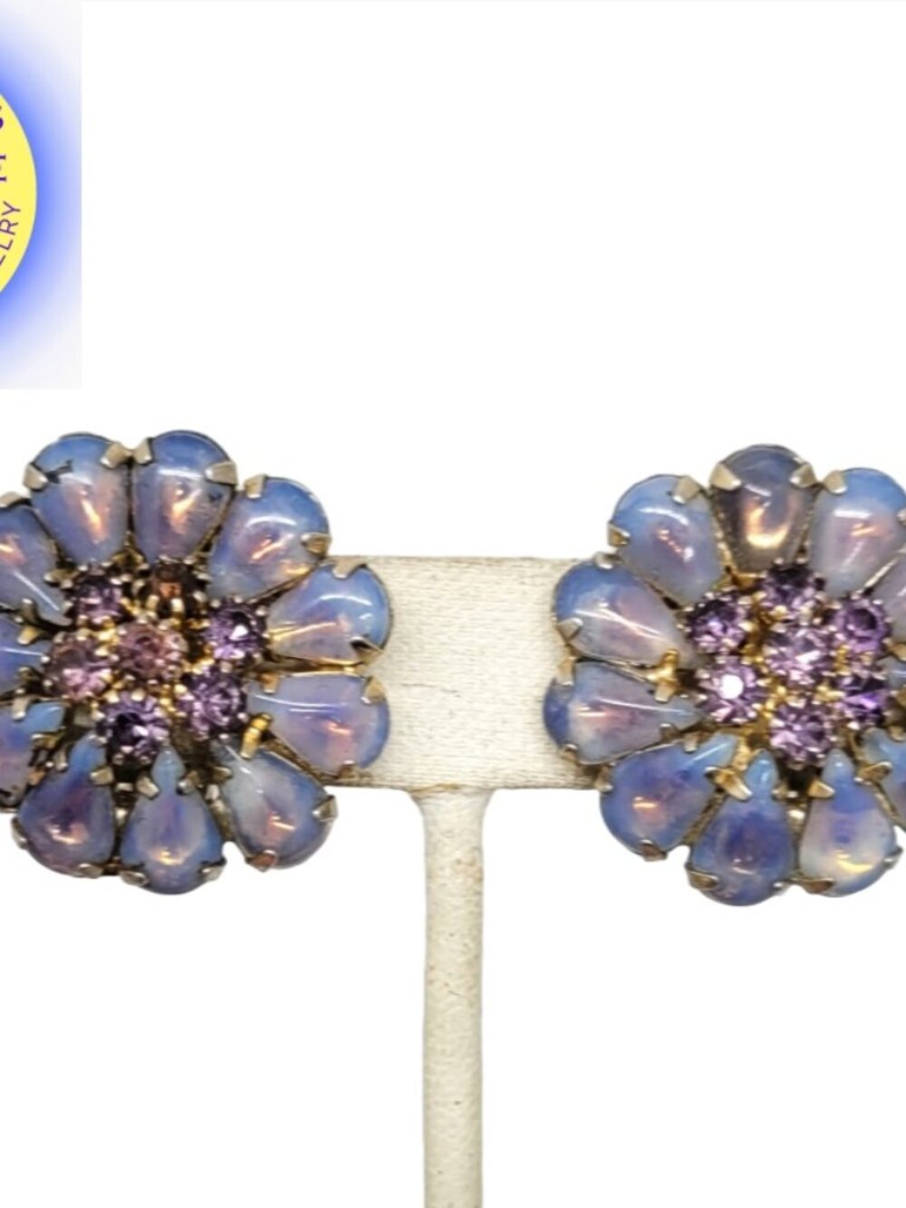 Vintage Signed Weiss Goldtone Purple Rhinestone Flower Clip Earrings